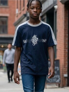 Vintage Top Heavy Skateboarding Tribal Dragon Short Sleeve T-Shirt Navy Size L